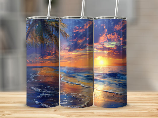 Three tumblers with a beach sunset design.