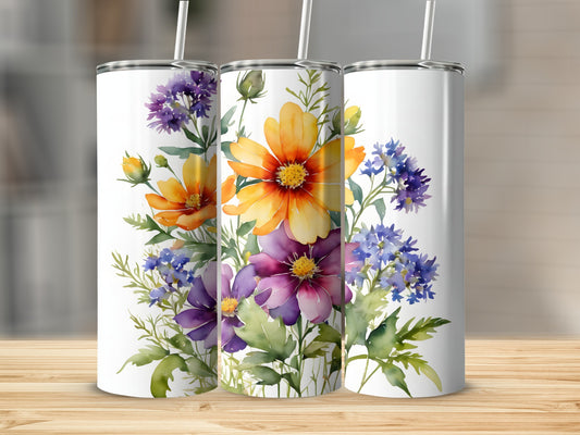 Three tumblers with watercolor floral designs of orange, yellow, and purple flowers.