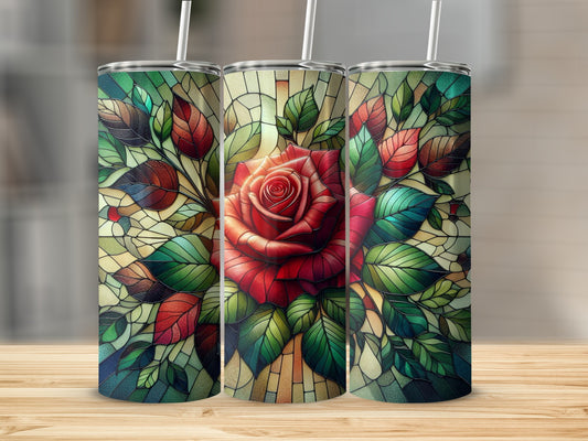 Three tumblers with stained glass rose and leaf design.