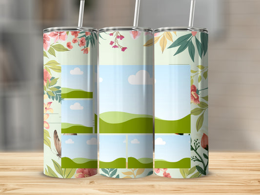 Three tumblers with a floral and butterfly design, showcasing sample photo frames.