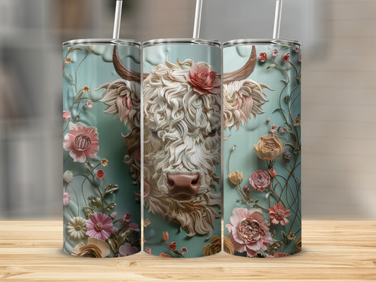 Highland cow with floral accents on three tumblers.