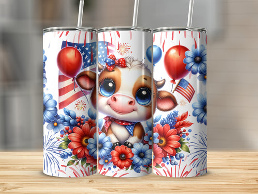 Cute cow with balloons and fireworks, patriotic Americana theme.
