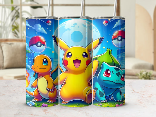 Colorful Cartoon Characters on Blue Background Tumbler