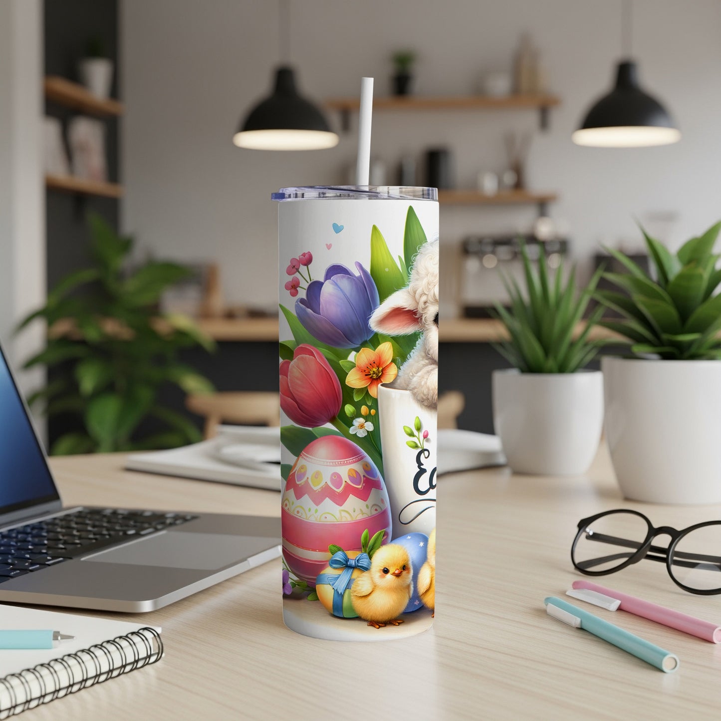 Easter tumbler with bunny, chicks, eggs, and flowers.