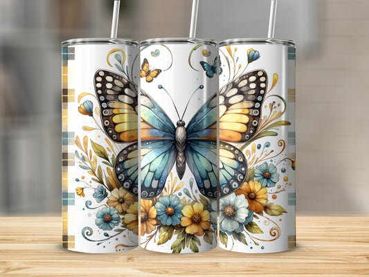 Three tumblers with a blue butterfly and floral pattern.