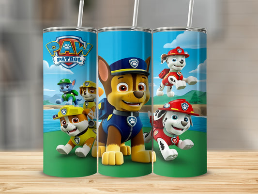 Paw Patrol characters Chase, Marshall, and Rubble on a blue background.