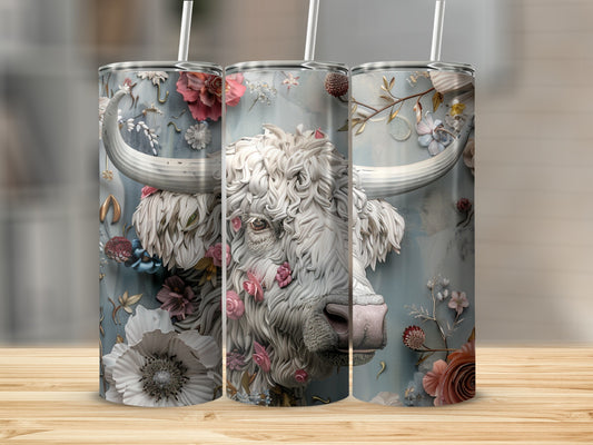 White bull head with floral accents on three tumblers.