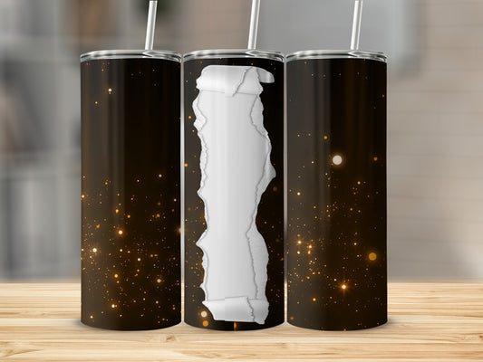 Three skinny tumblers with a torn paper design and sparkly background.