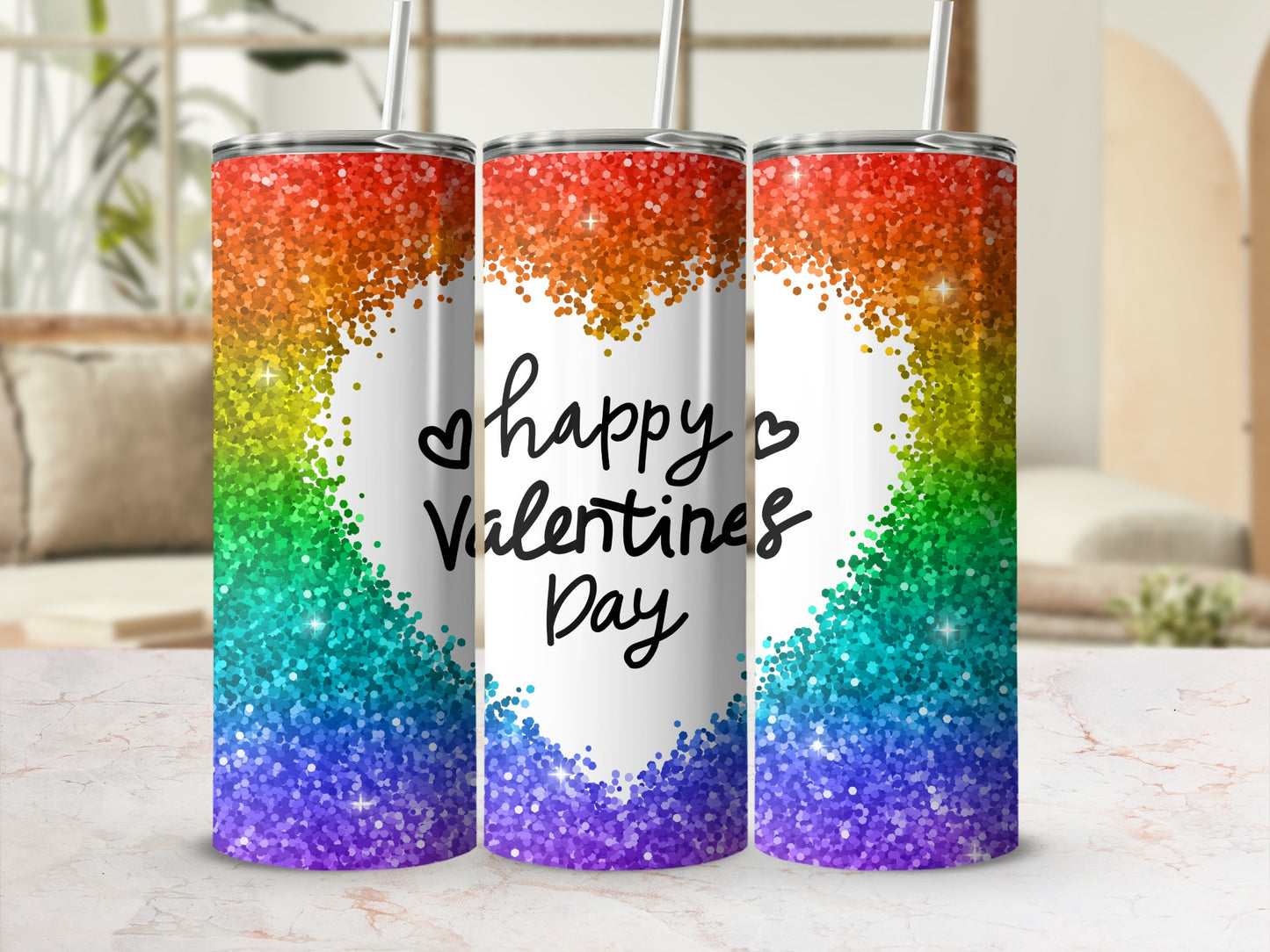 Happy Valentines Day Rainbow Glitter Tumbler
