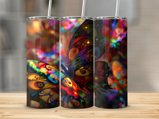 Abstract butterfly design on a tumbler with colorful, psychedelic patterns.