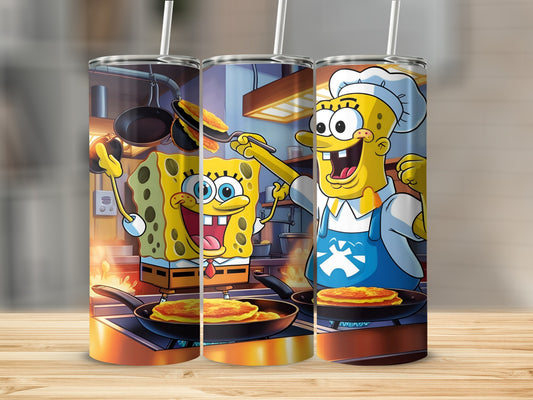 SpongeBob SquarePants in a chef hat cooking pancakes on a stovetop.