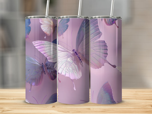 Three tumblers with iridescent butterfly designs in soft pink and purple.