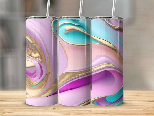 Three tumblers with marbled abstract designs in pink, purple, gold, and teal.