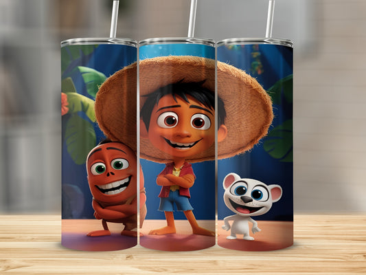 Three animated characters from Coco movie on a tumbler.