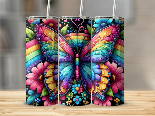 Colorful butterfly and rainbow design on three tumblers.