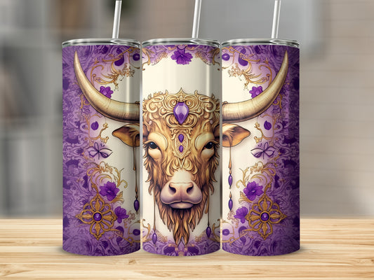 Taurus astrological design with golden bull head and purple ornate patterns.