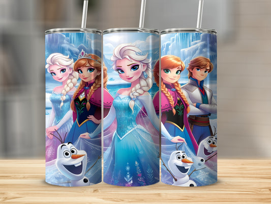 Frozen characters Elsa, Anna, Kristoff, and Olaf on a tumbler.