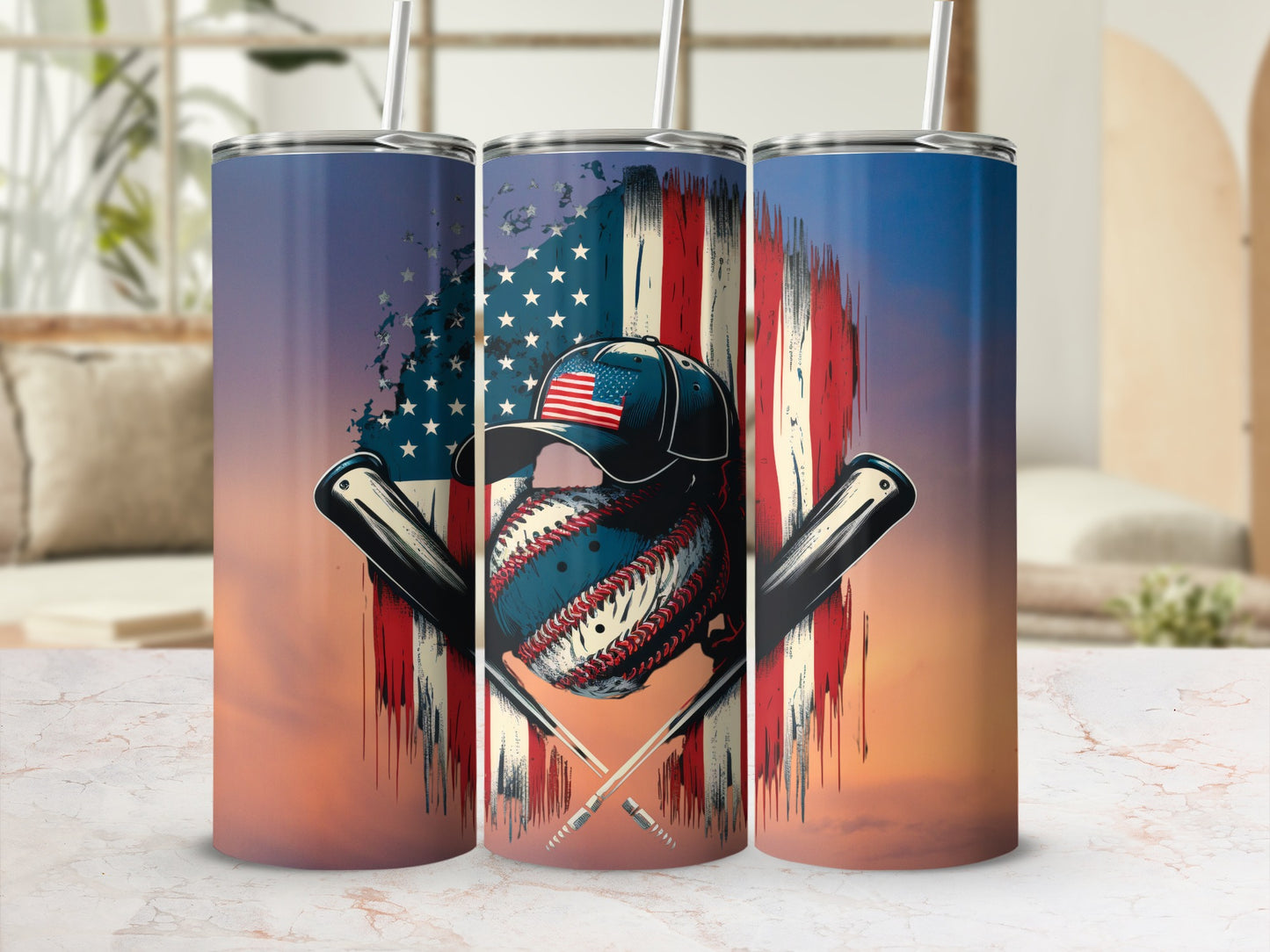 American Flag Baseball and Bat Design Tumbler