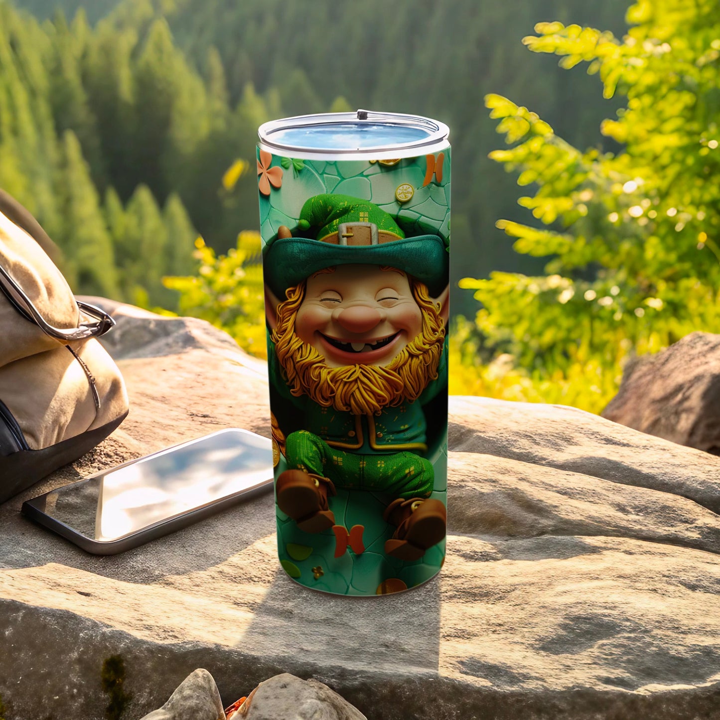 Leprechaun on a green tumbler with St. Patrick's Day designs.