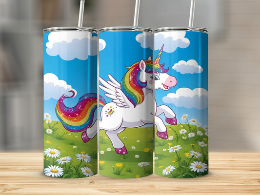 Cartoon unicorn with rainbow mane and tail galloping through a field of daisies.