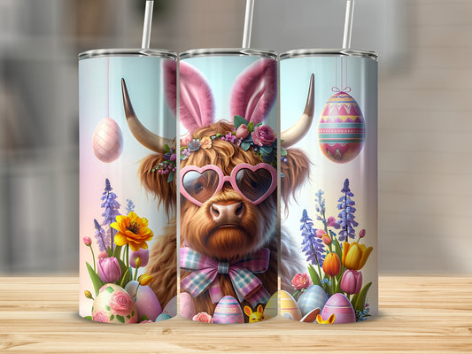 Easter highland cow with heart sunglasses and pink bunny ears, surrounded by Easter eggs and flowers.