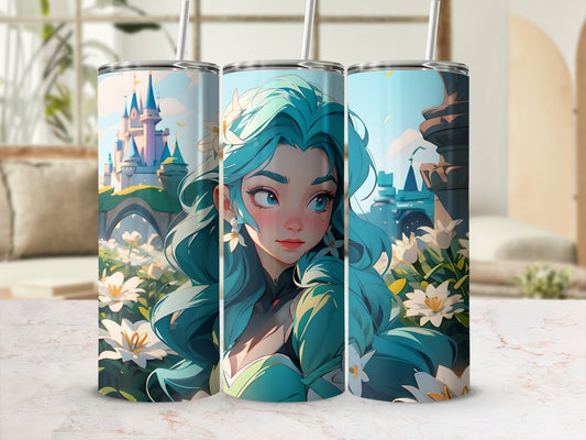Fantasy Castle and Blue-Haired Character Tumbler