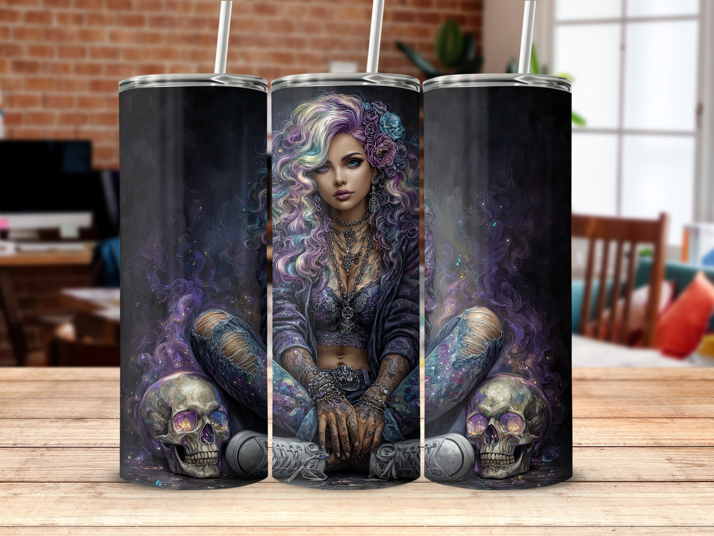 Gothic Style Fantasy Skull and Woman Art Tumbler