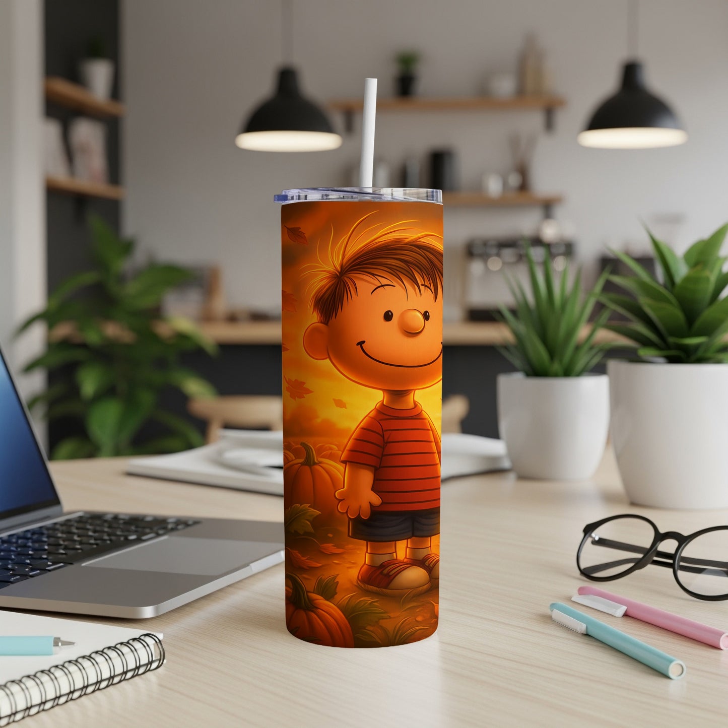 Tumbler featuring cartoon character Linus from Peanuts on a pumpkin patch background.
