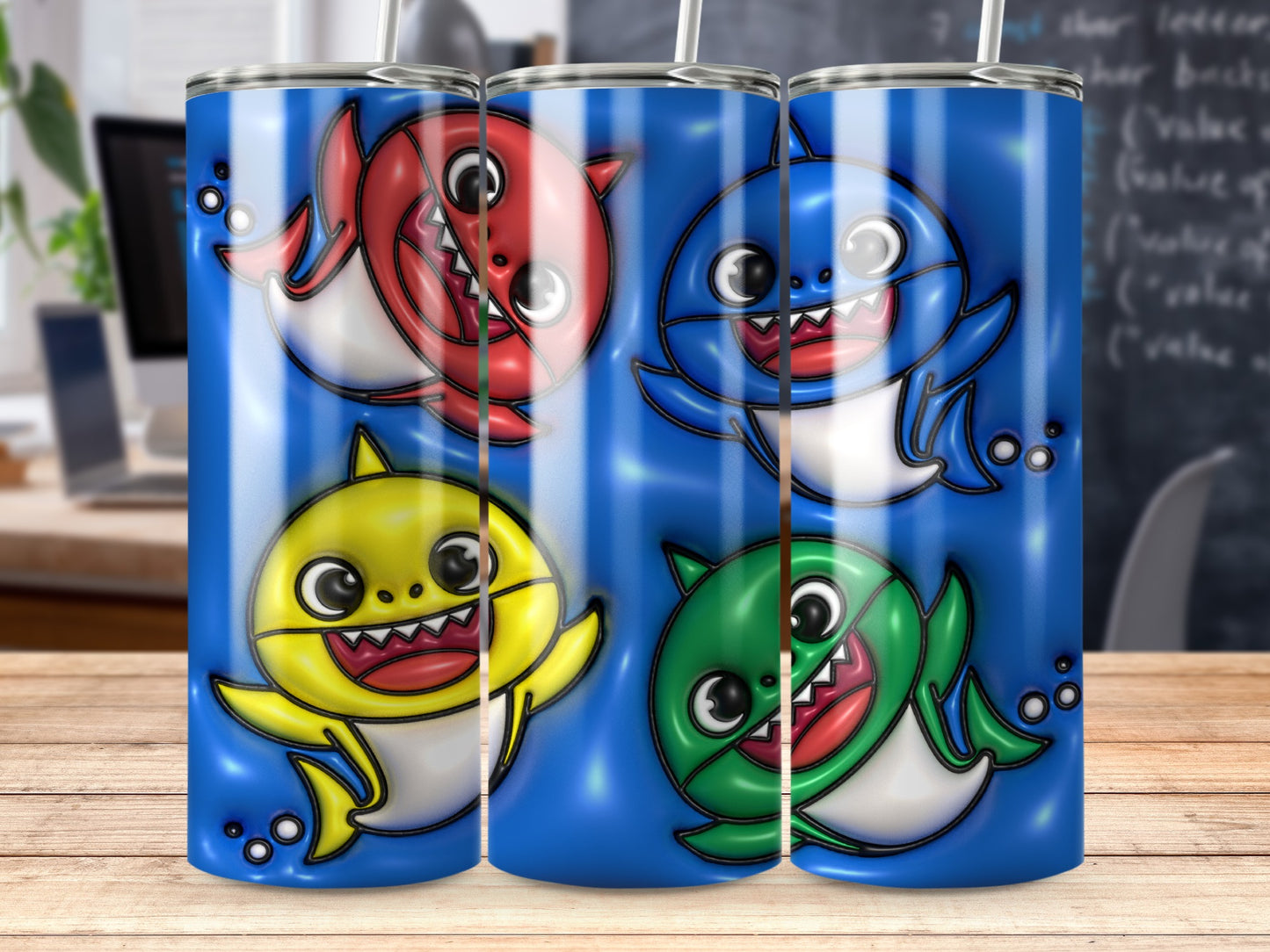 Cartoon Sharks in Red Blue Yellow Green Cute Tumblers