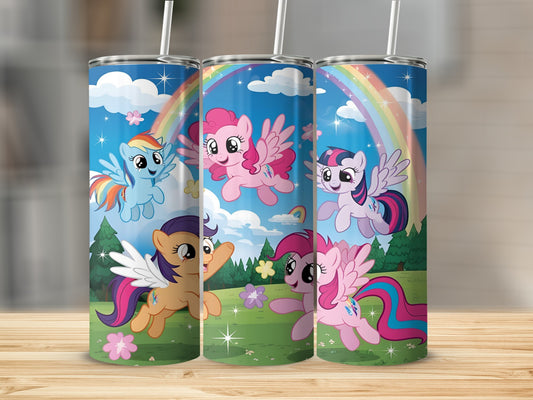 My Little Pony characters on a rainbow and cloud-filled background.