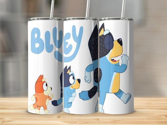 Bluey characters on a white insulated tumbler with straws.