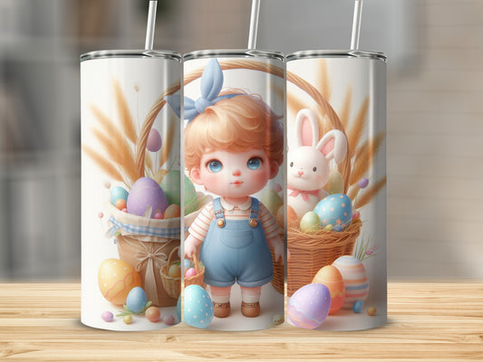 Easter girl and bunnies with colorful eggs in baskets.