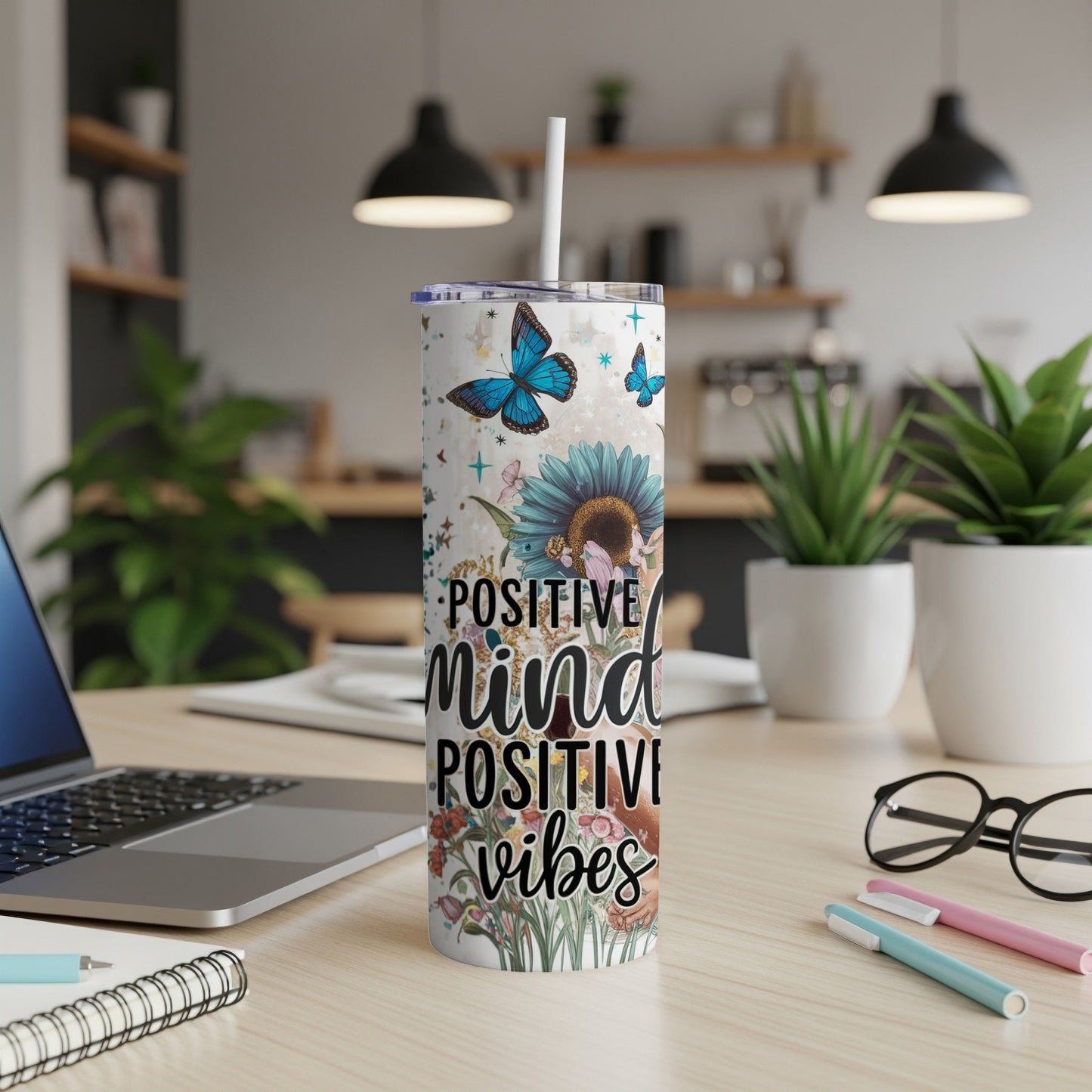 Sunflower and butterfly tumbler with "Positive Mind Positive Vibes" text.