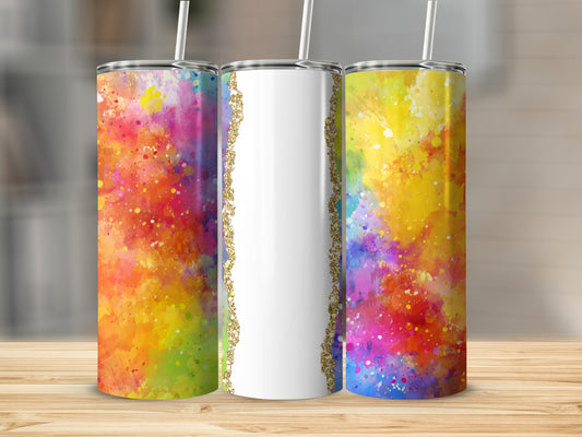 Three tumblers with colorful abstract watercolor splatter designs and white sections.