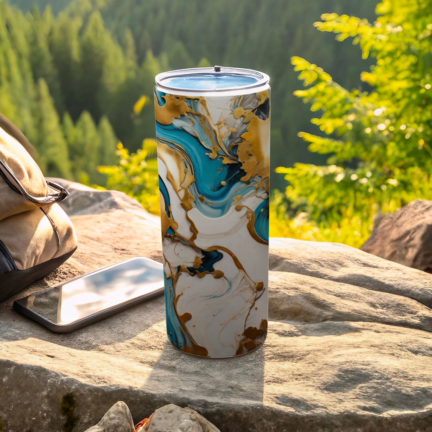 Blue Gold White Abstract Marbled Travel Tumbler product type