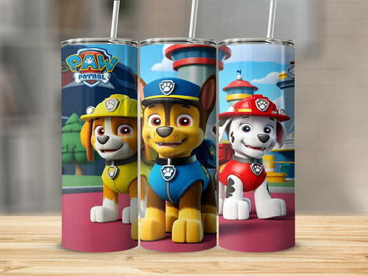 Paw Patrol Chase, Marshall, and Rubble on colorful cityscape background tumblers.