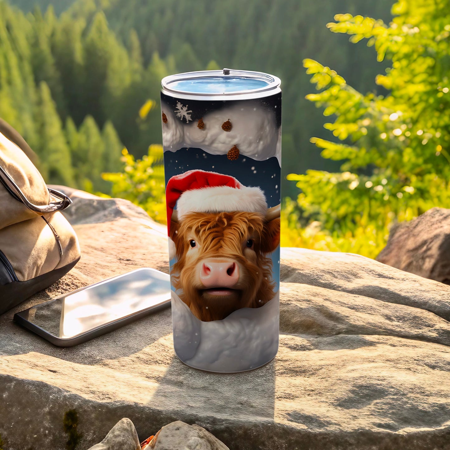 Cute Highland Cow Christmas Tumbler with Santa Hat