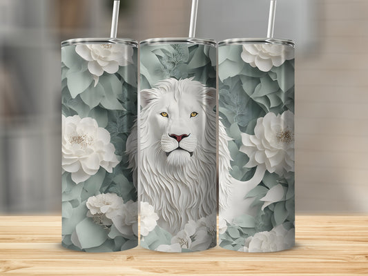 White lion and white flowers on a tall, narrow tumbler.