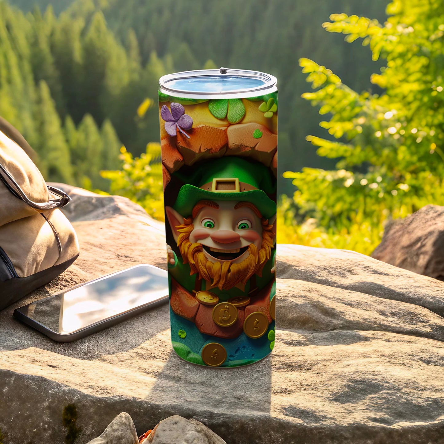 Leprechaun design on a stainless steel tumbler with gold coins.