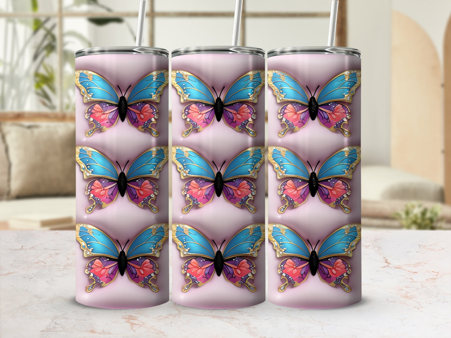 Beautiful Pink and Blue Butterfly Print Drinkware