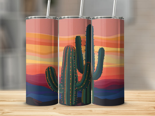 Three tall saguaro cacti in a desert landscape at sunset.