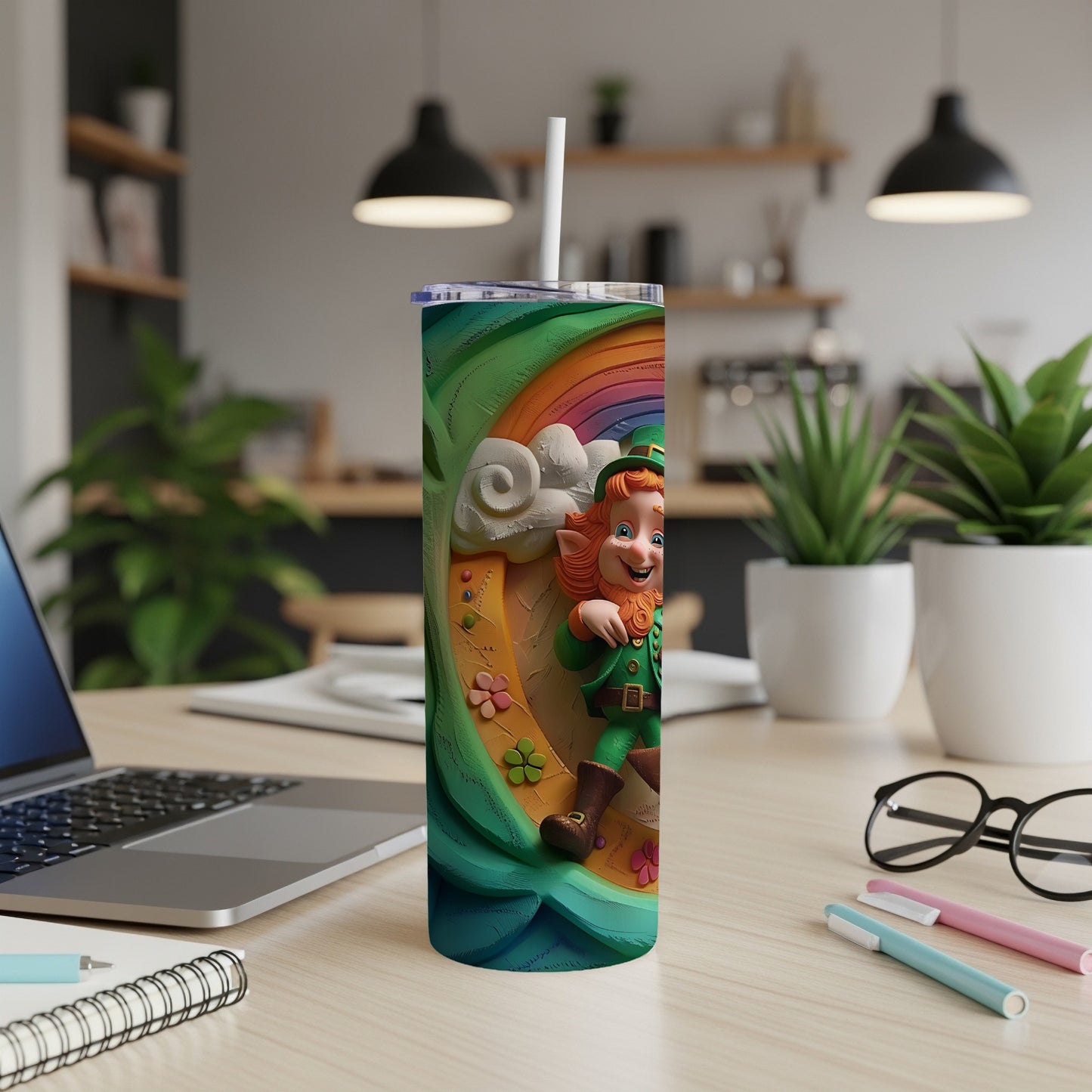 Leprechaun on rainbow moon with flowers, on a tumbler.