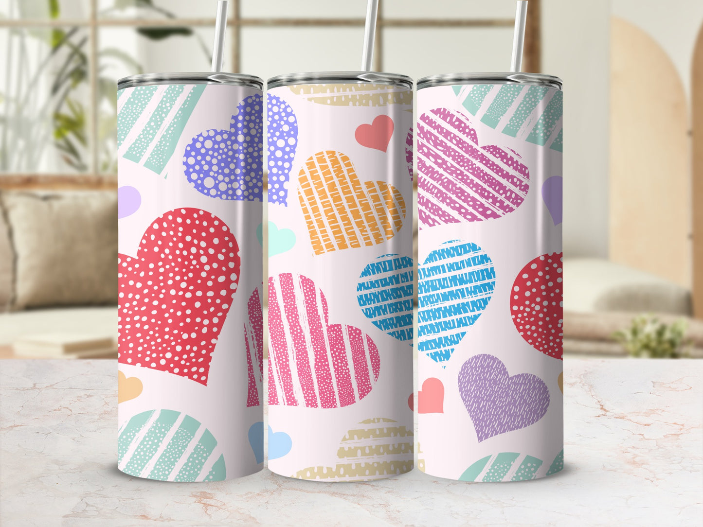 Colorful Heart Patterned Tall Tumbler for Beverage Storage
