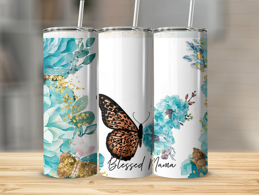 Three tumblers with a floral and butterfly design, "Blessed Mama" text.