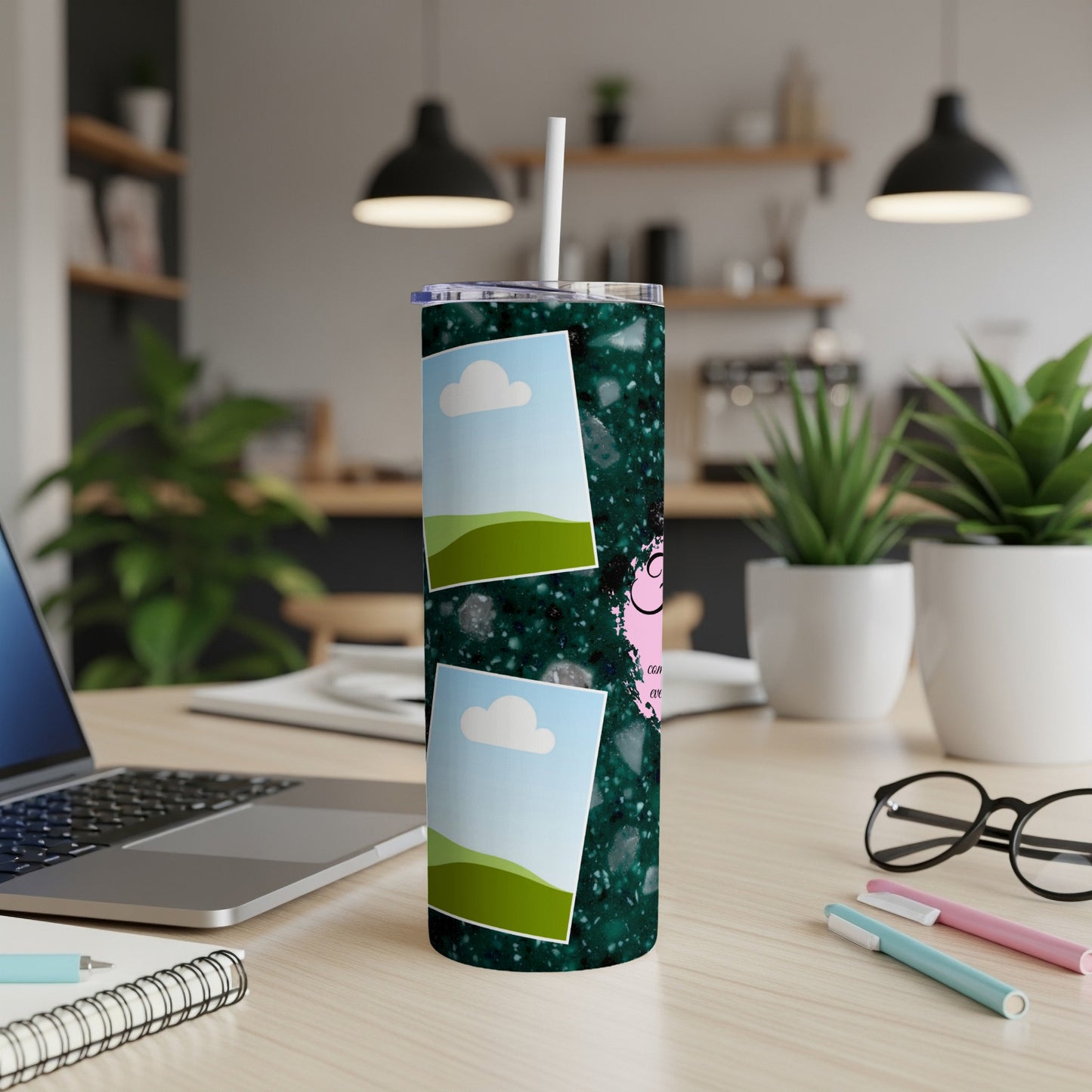Dark green speckled tumbler with photo placeholders and pink cartoon character.