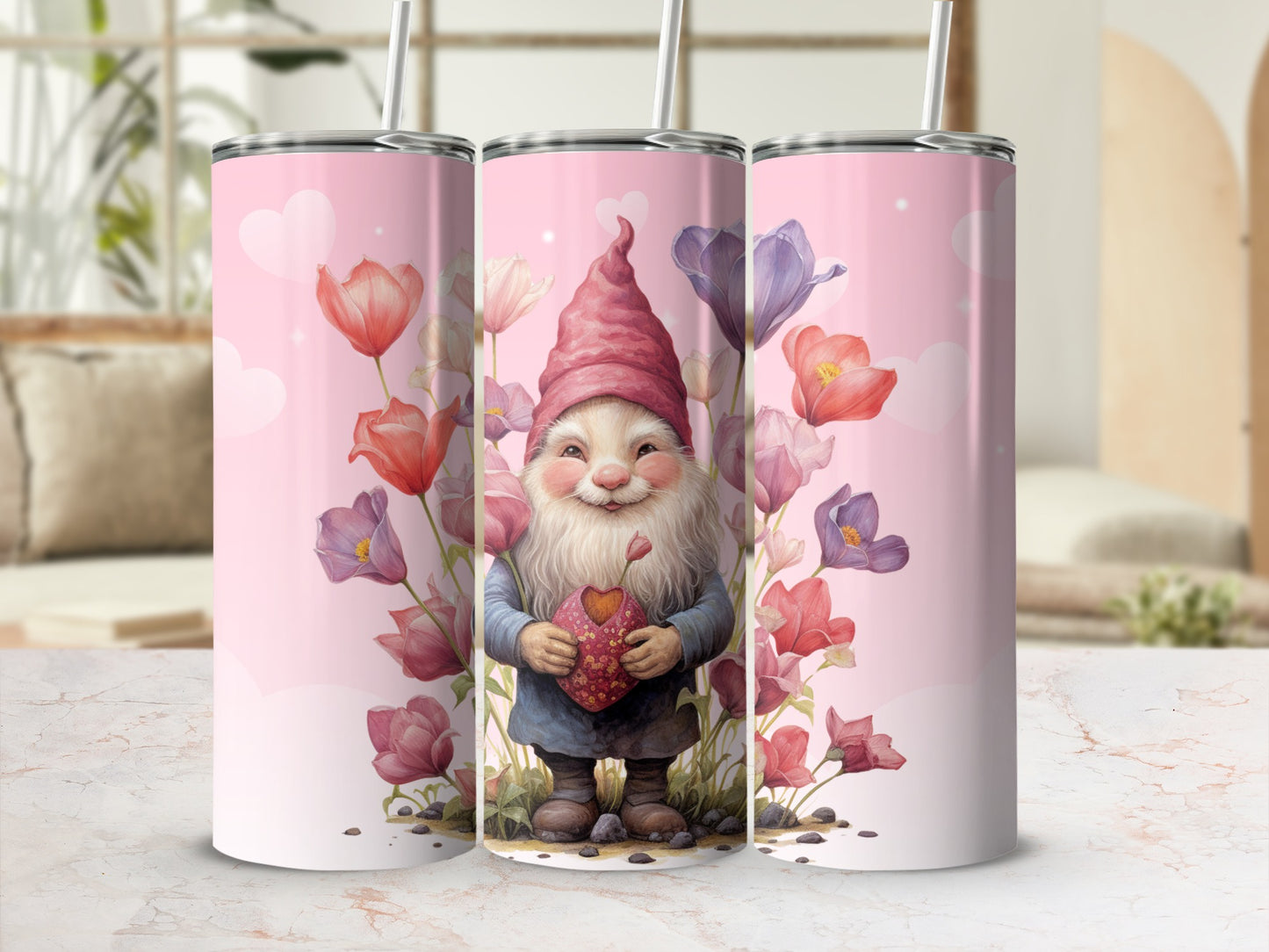 Cute Gnome with Umbrella Surrounded by Flowers Tumbler