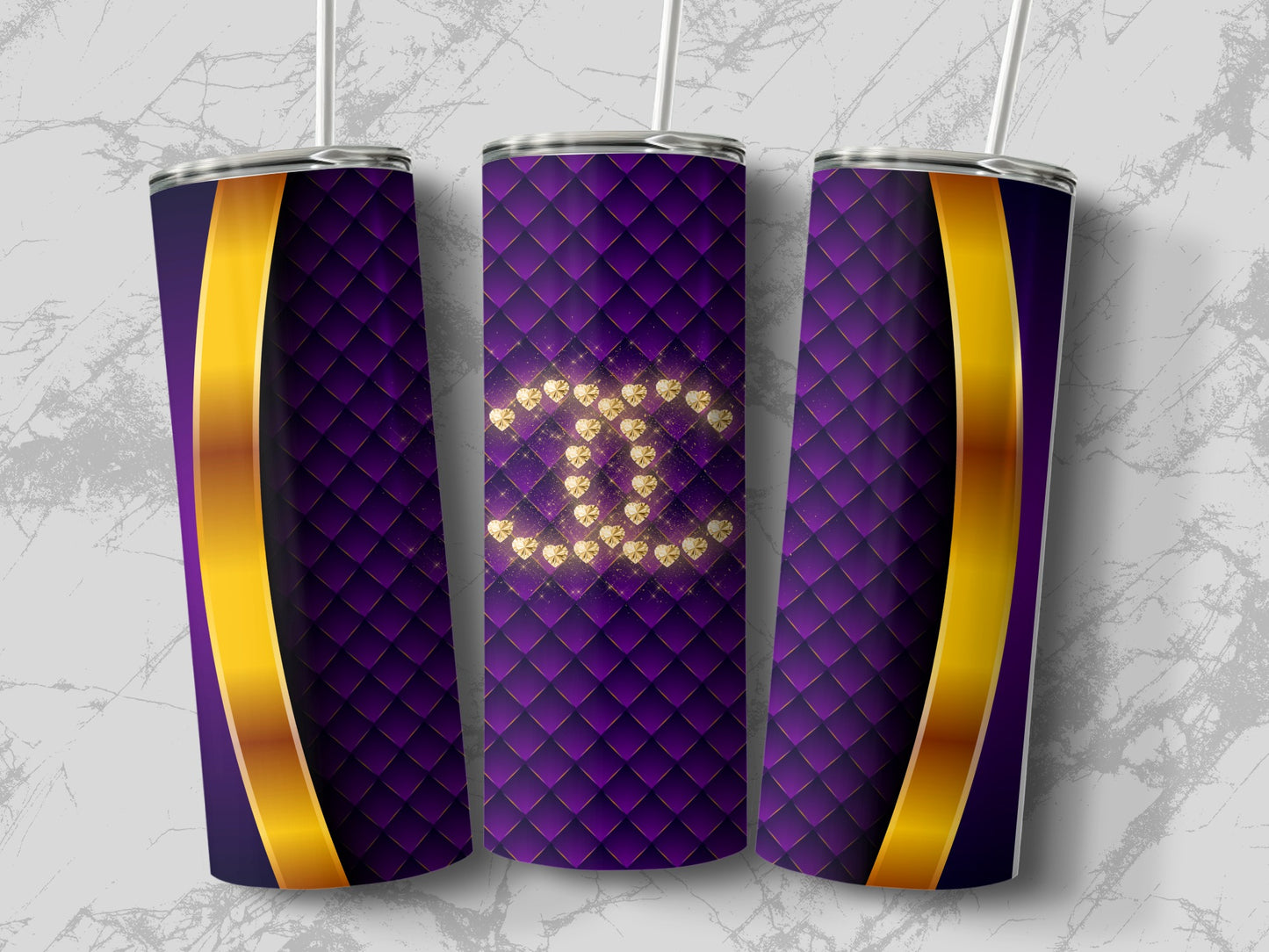 Purple and Gold Diamond Pattern Tumbler Flask Cup