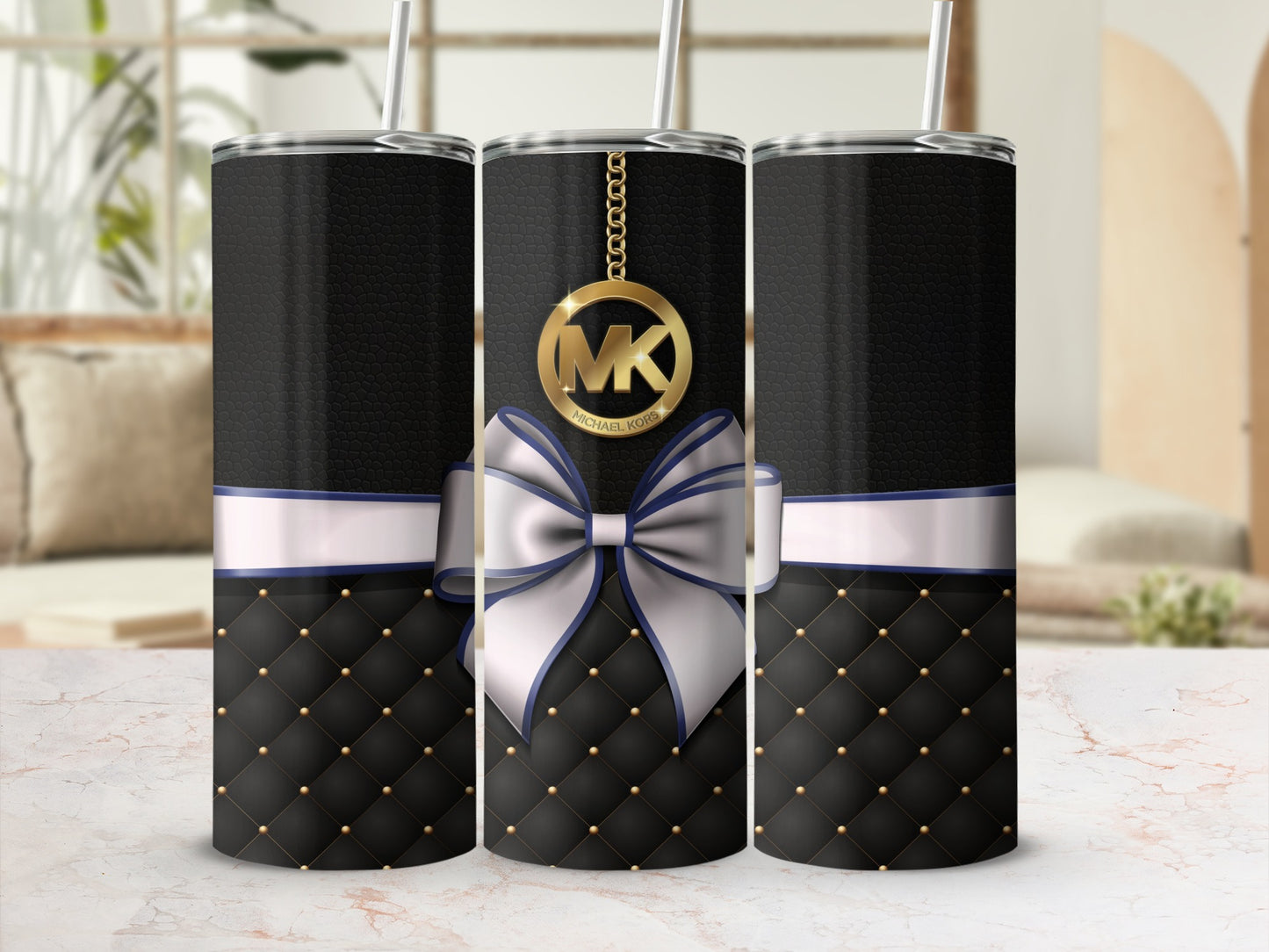 Black Quilted Tumbler With Bow and Gold Accent Design