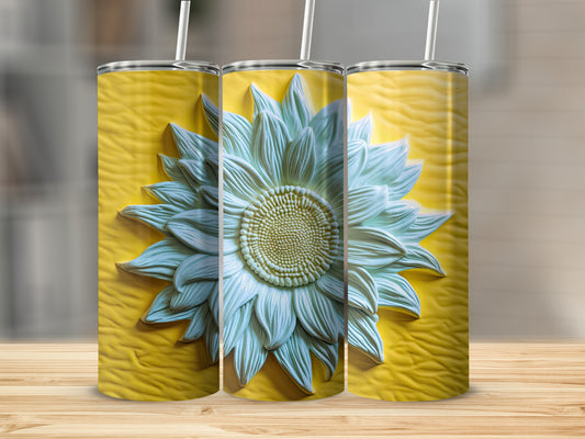 Three tumblers featuring a light blue embossed sunflower design on a yellow background.