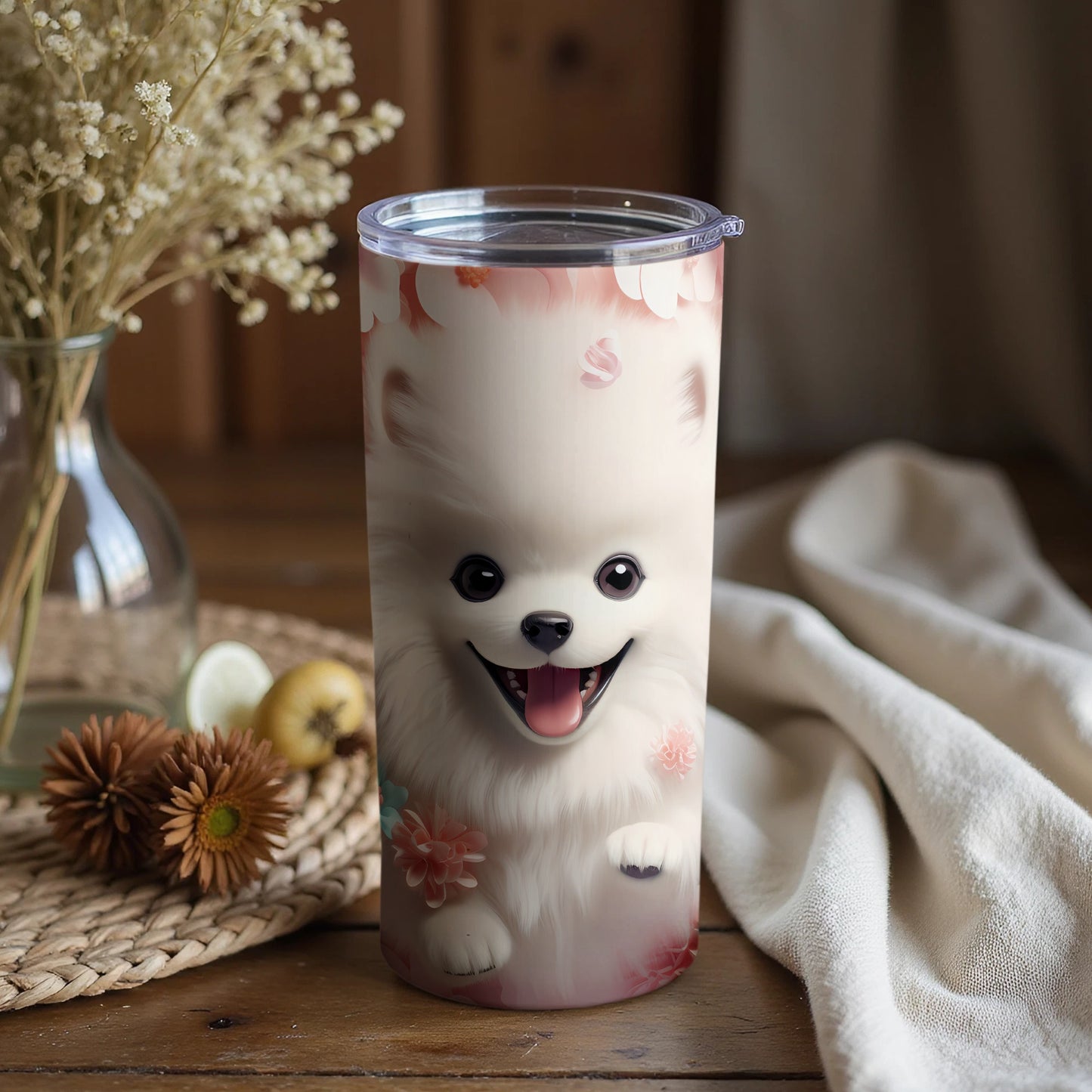 Happy Fluffy Dog Design Floral Accents Tumbler product type
Pomeranian dog
Fluffy puppy
Cute dog design
Happy dog face
Smiling dog art
Floral pattern
Pink flowers
Cartoon dog
Pet lover gift
Animal print
Beverage holder
Travel mug
Insulated cup
Drinkware
Tumbler
White dog
Aesthetic design
Unique tumbler
Puppy face
Adorable pet